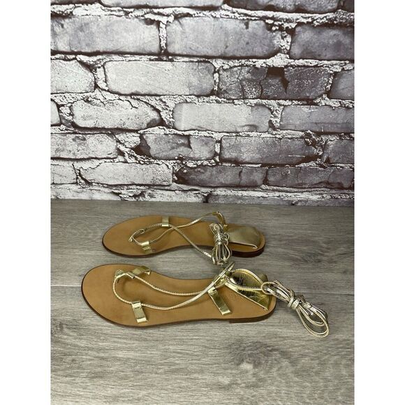 J. Crew Metallic Gold Leather Ankle Wrap Around Sandals Women’s Sz 7.5M US/38EU - Picture 1 of 16